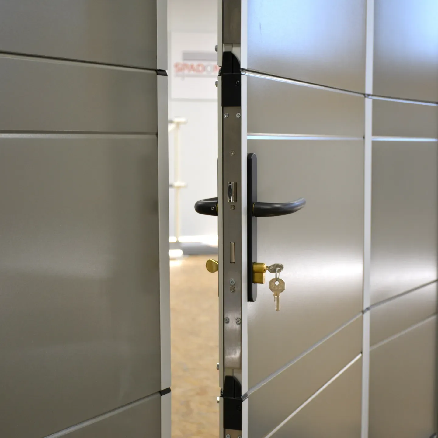 Close-up of the built-in door's lock, handle and keys